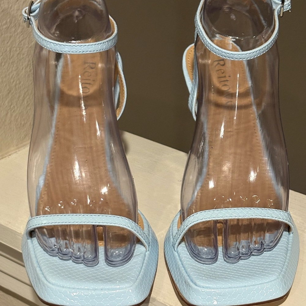 Reitoye Blue Ankle Strap Platform Heeled Square Toe Chunky High Heels Size 8 - Picture 7 of 12